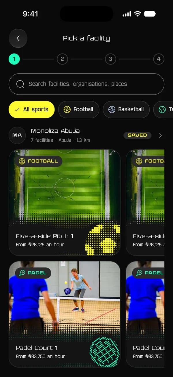 The Centifit app in dark mode: picking a pitch or court at Monoliza Abuja, from ₦28,125 an hour.