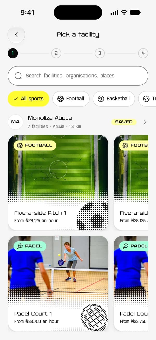 The Centifit app in light mode: picking a pitch or court at Monoliza Abuja, from ₦28,125 an hour.