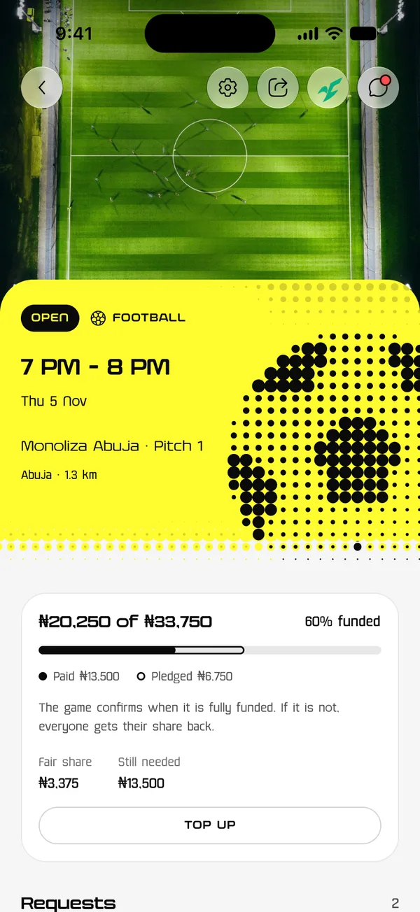 The Centifit app in light mode: Thursday football at Monoliza Abuja, ₦20,250 of ₦33,750 raised, 60% funded.