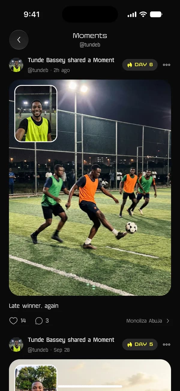 The Centifit app in dark mode: Moments from the game, a photo with the player's selfie on it.