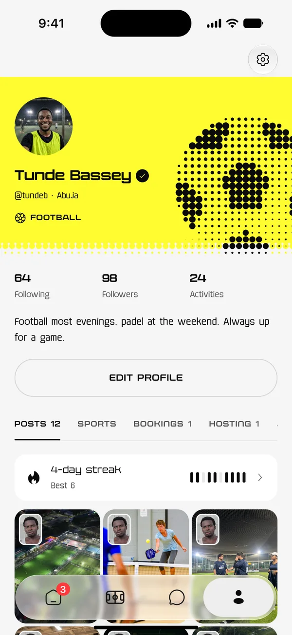 The Centifit app in light mode: Tunde Bassey's profile with followers, a 4-day streak and his games.