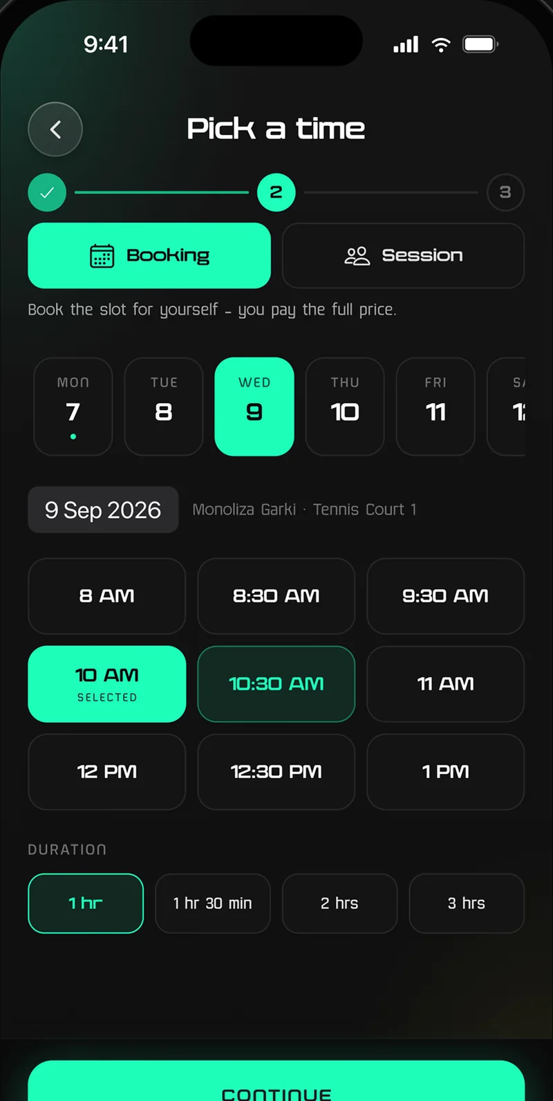 Centifit booking flow: pick a day, a time slot and a duration for a tennis court