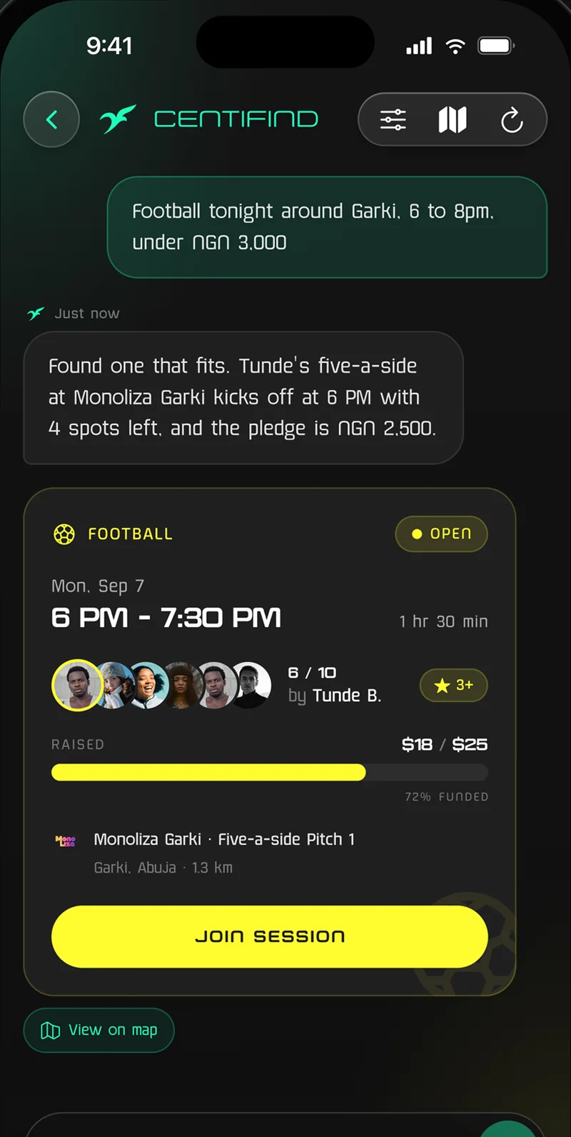 Centifind chat: ask for football tonight around Garki under a budget and get a bookable session back