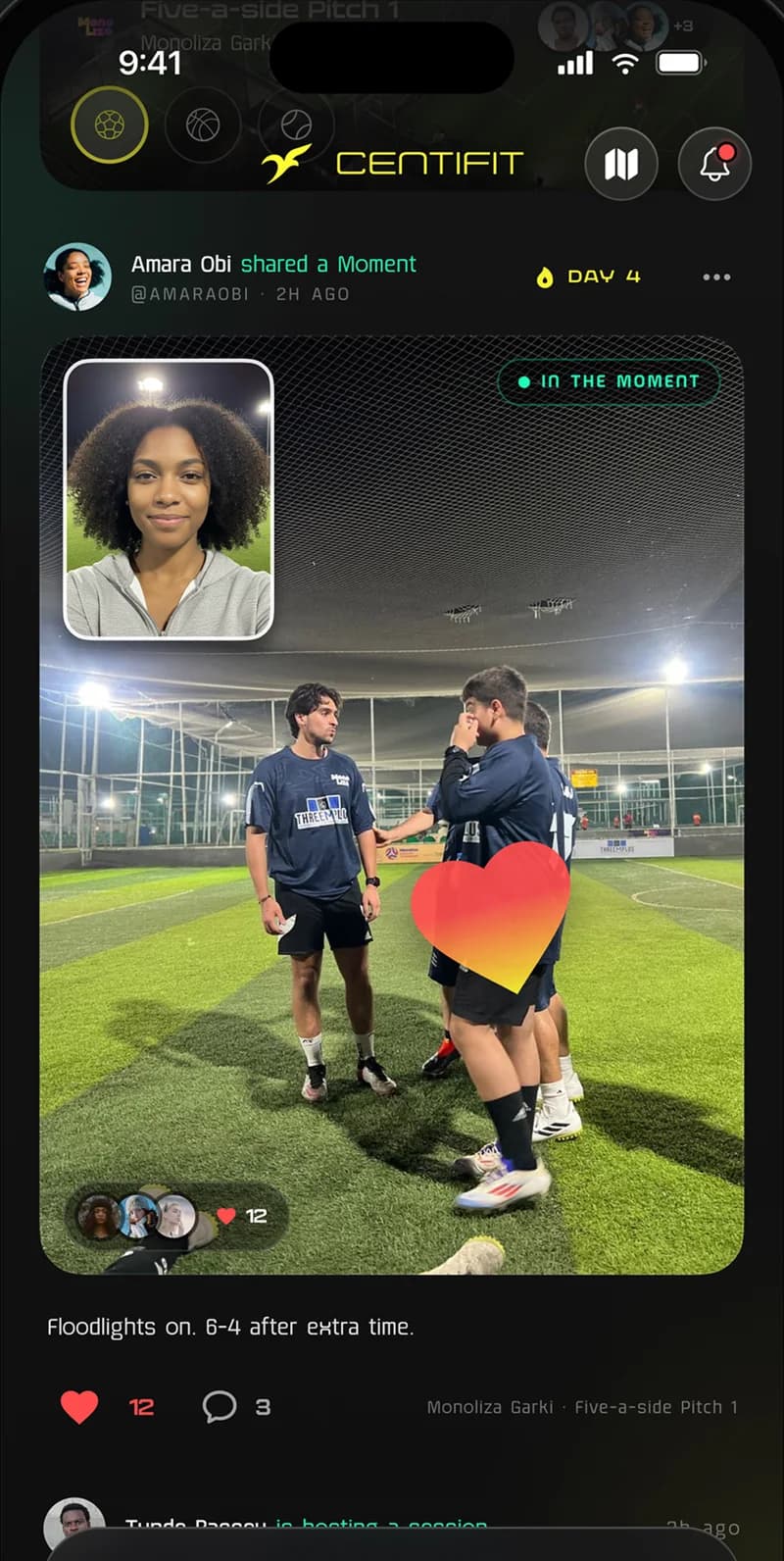 Centifit Discover feed: a Moment shared from a five-a-side session, with a like animation