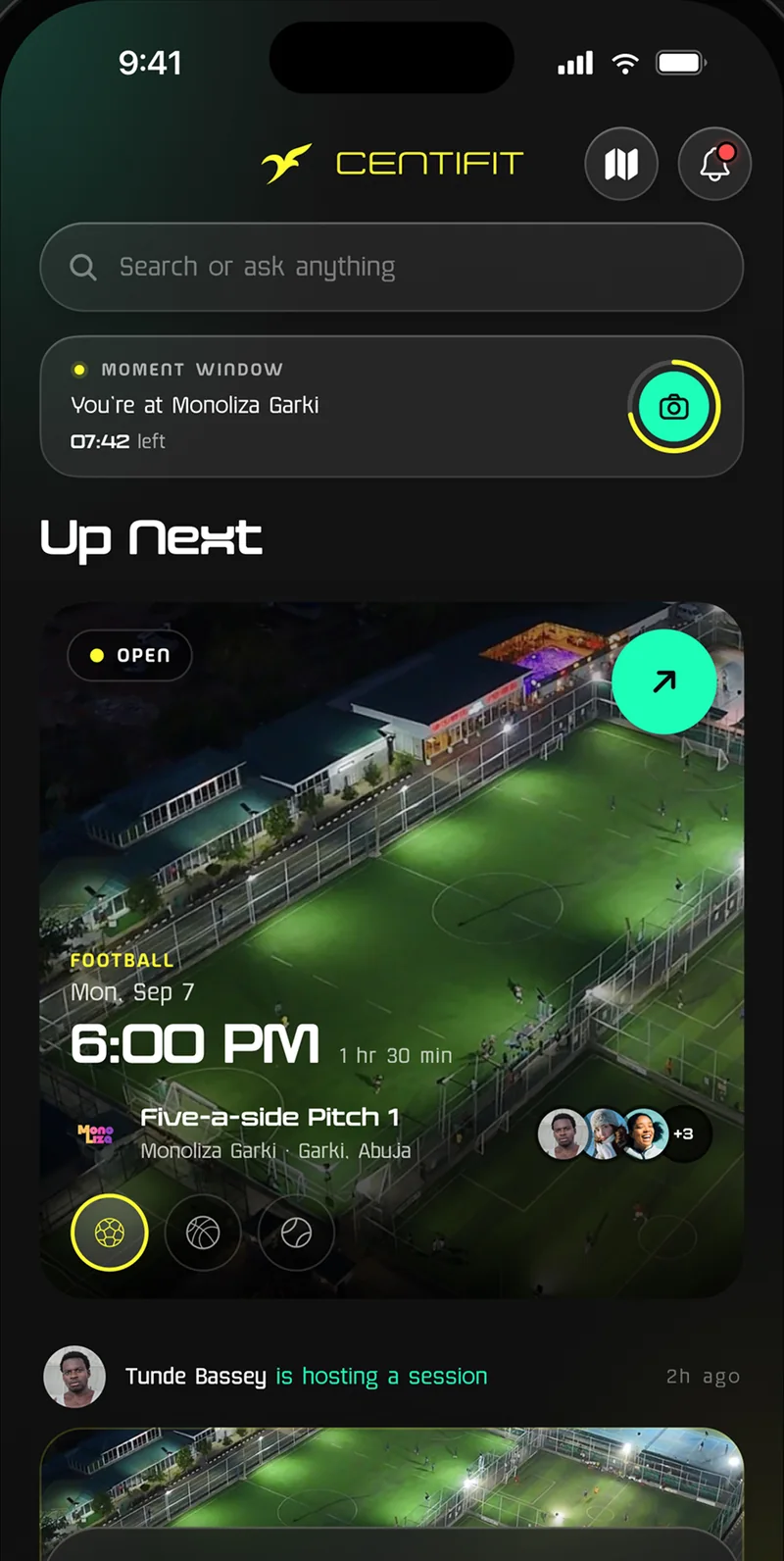 Centifit Home: the Moment window banner and the Up Next card showing tonight's five-a-side at Monoliza Garki