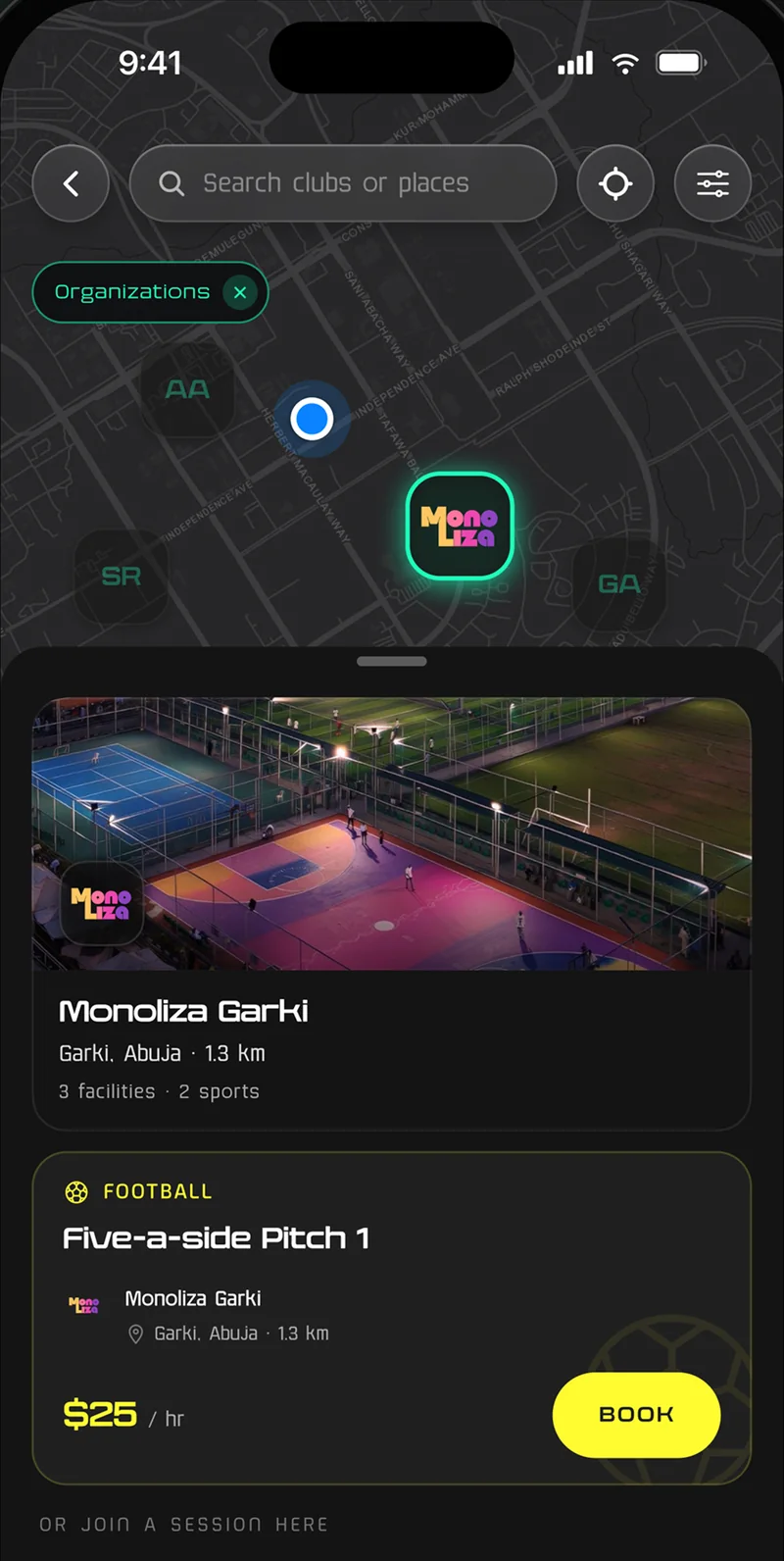 Centifit map with a venue sheet open: Monoliza Garki, its courts and the hourly rate