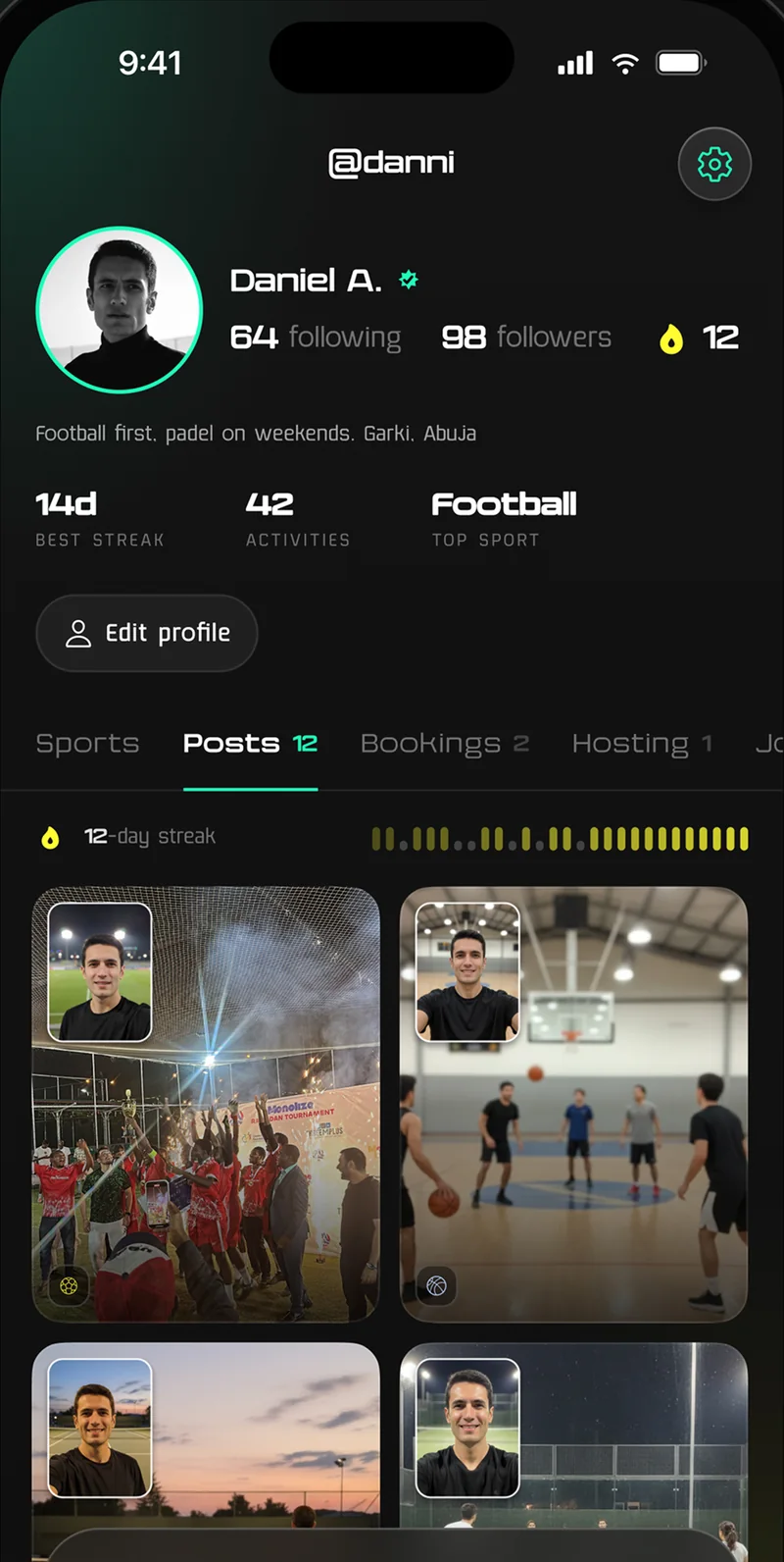 Centifit profile: followers, streak, best streak, activities, top sport and the Moments grid