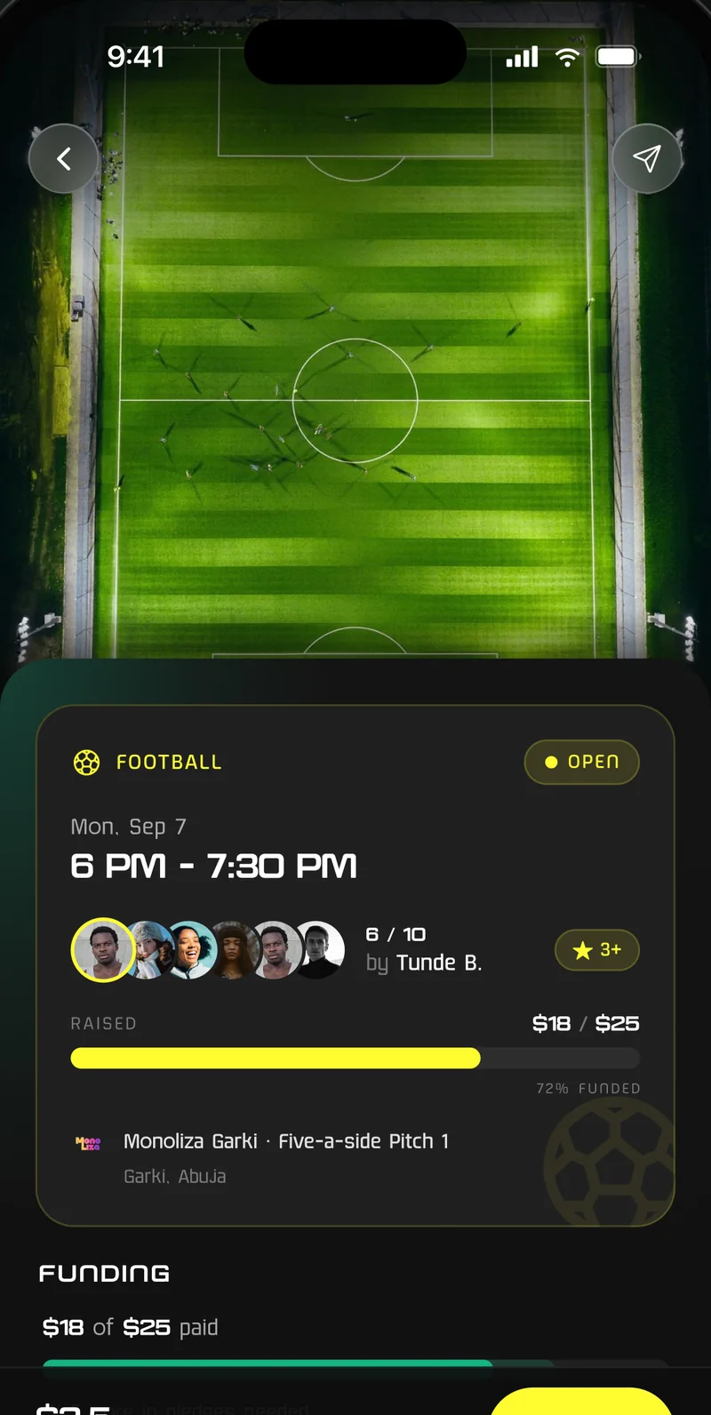 Centifit session detail: the pitch photo, roster, funding progress and how much has been paid