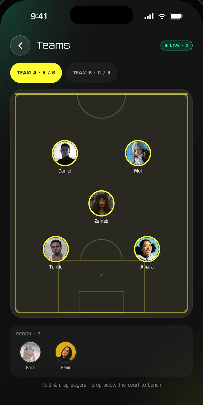 Centifit Teams: drag players onto a football pitch to set Team A and Team B, live